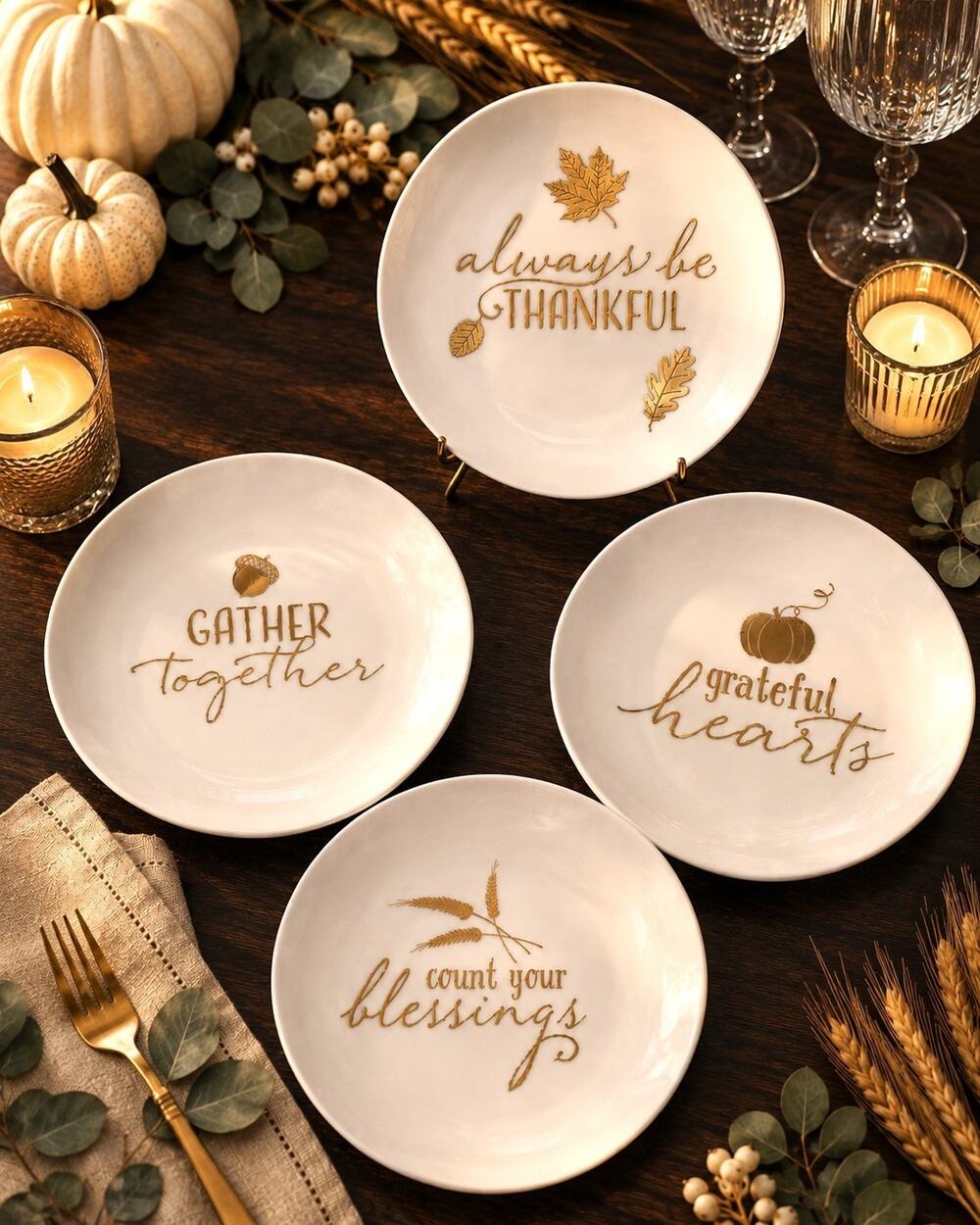 Pier 1 Imports Thanksgiving Plates Set 4 Gold Foil Porcelain Salad Dessert Fall